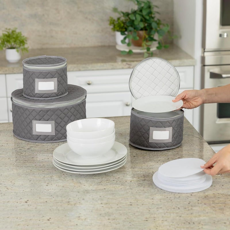 Stack Store Plus More China Storage Quilted Case for Dessert Plate, Bowls, Small Plate or Saucer - 8" W x 6" H - Gray - Includes 12 Felt Separators - Image 4